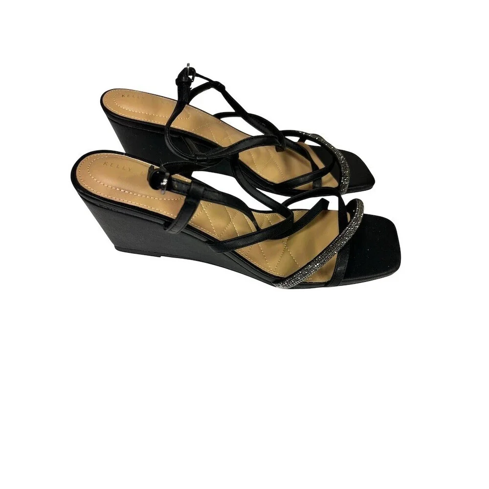 Kelly & Katie Wedge Sandals Womens 10W Wide Black Strappy Rhinestone 3